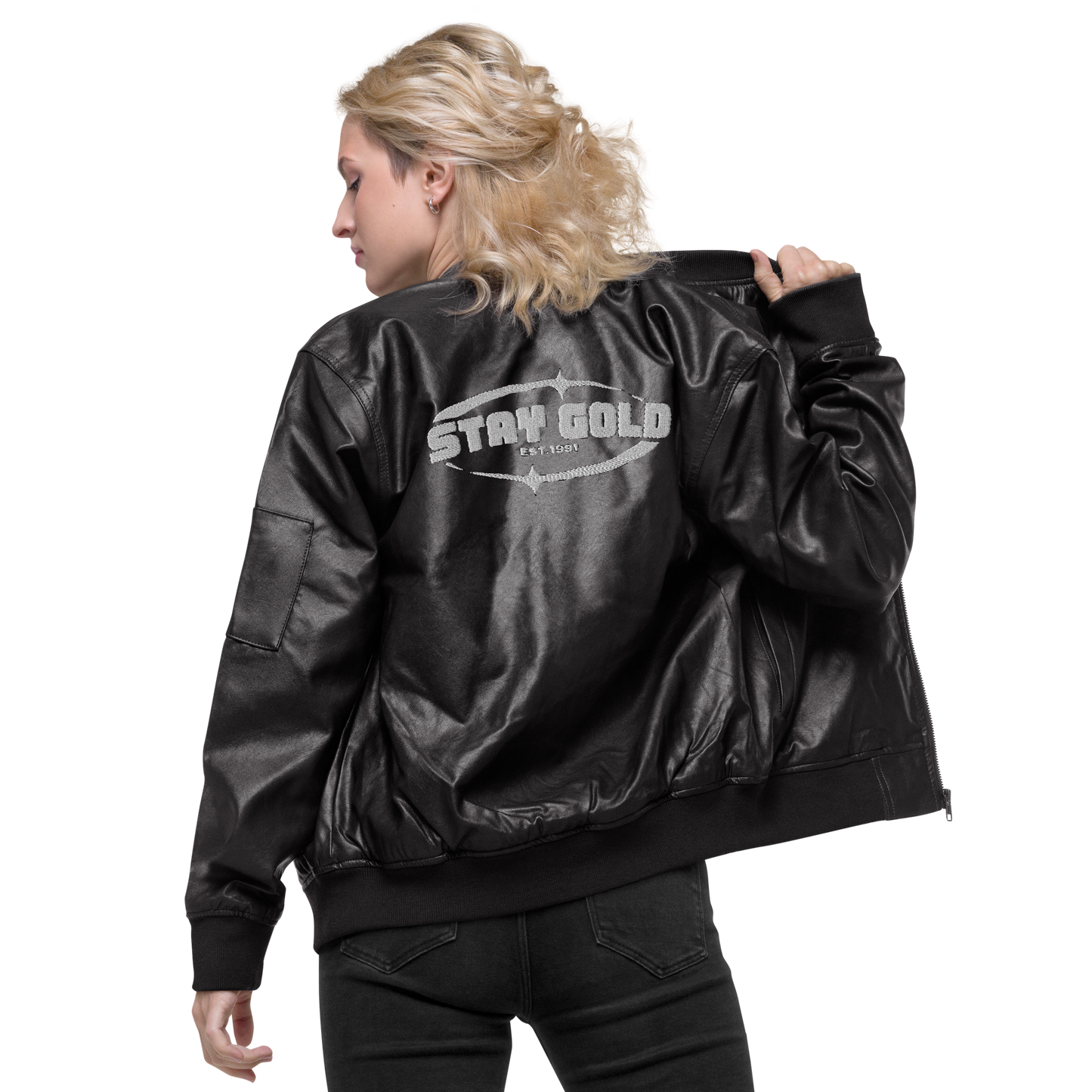 Stay Gold Leather Bomber Jacket