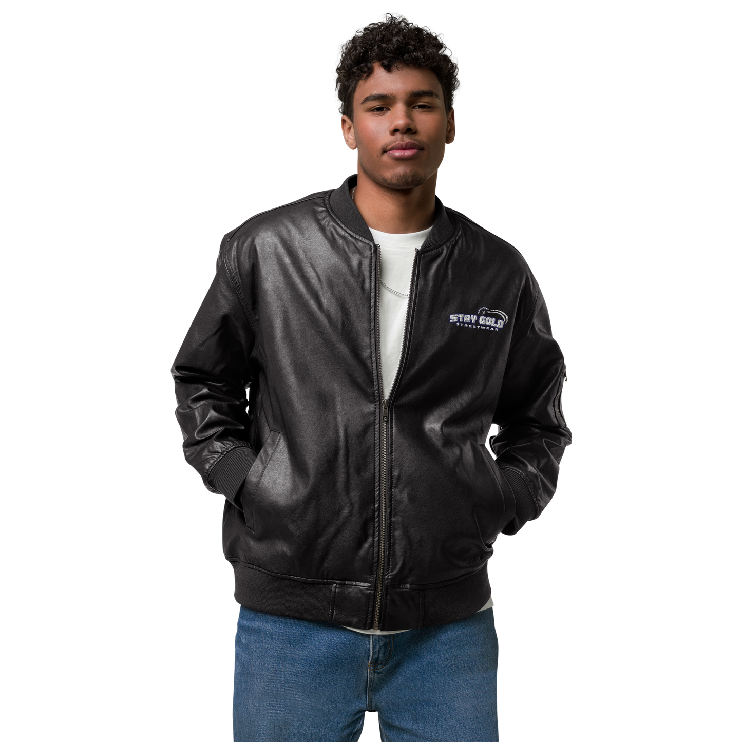 Stay Gold Leather Bomber Jacket