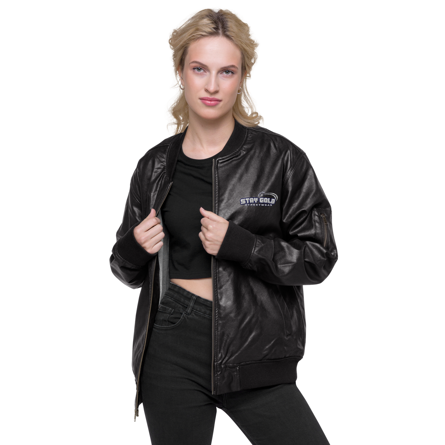 Stay Gold Leather Bomber Jacket