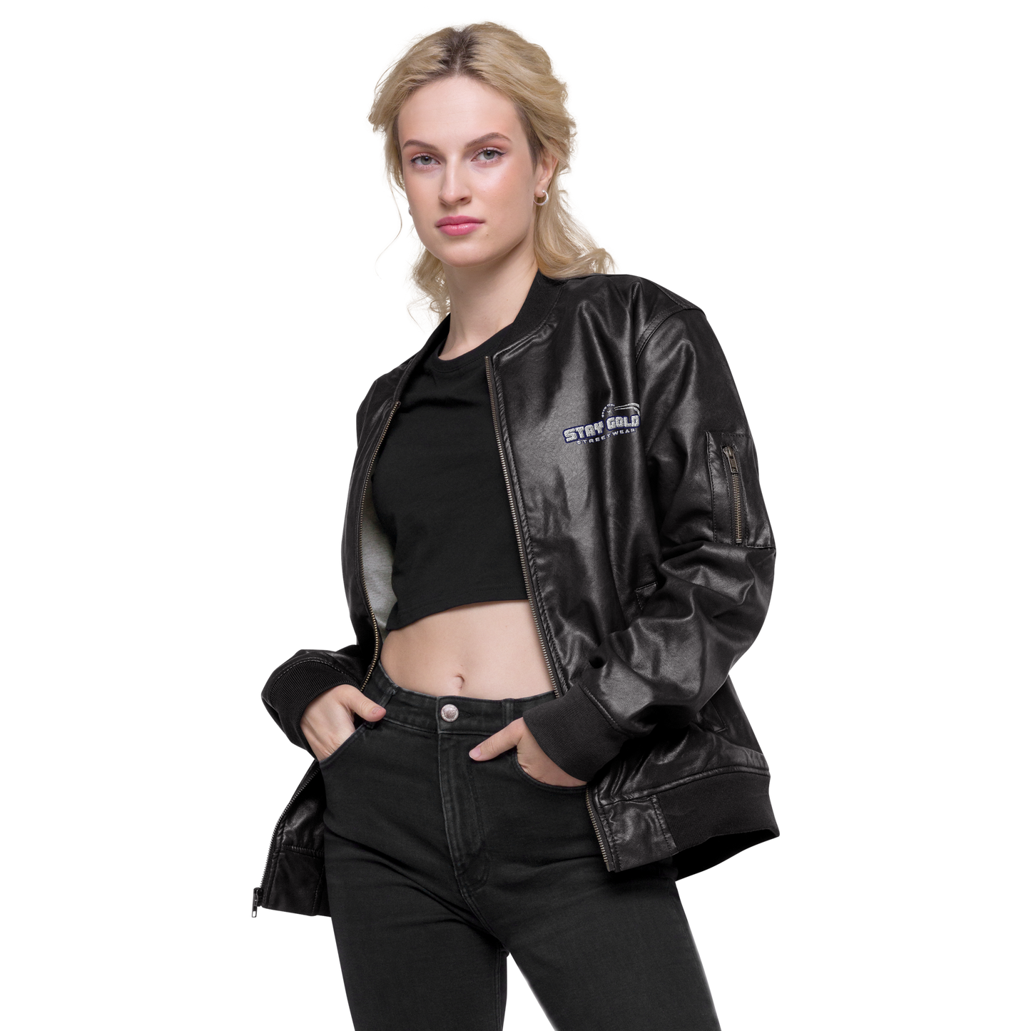 Stay Gold Leather Bomber Jacket