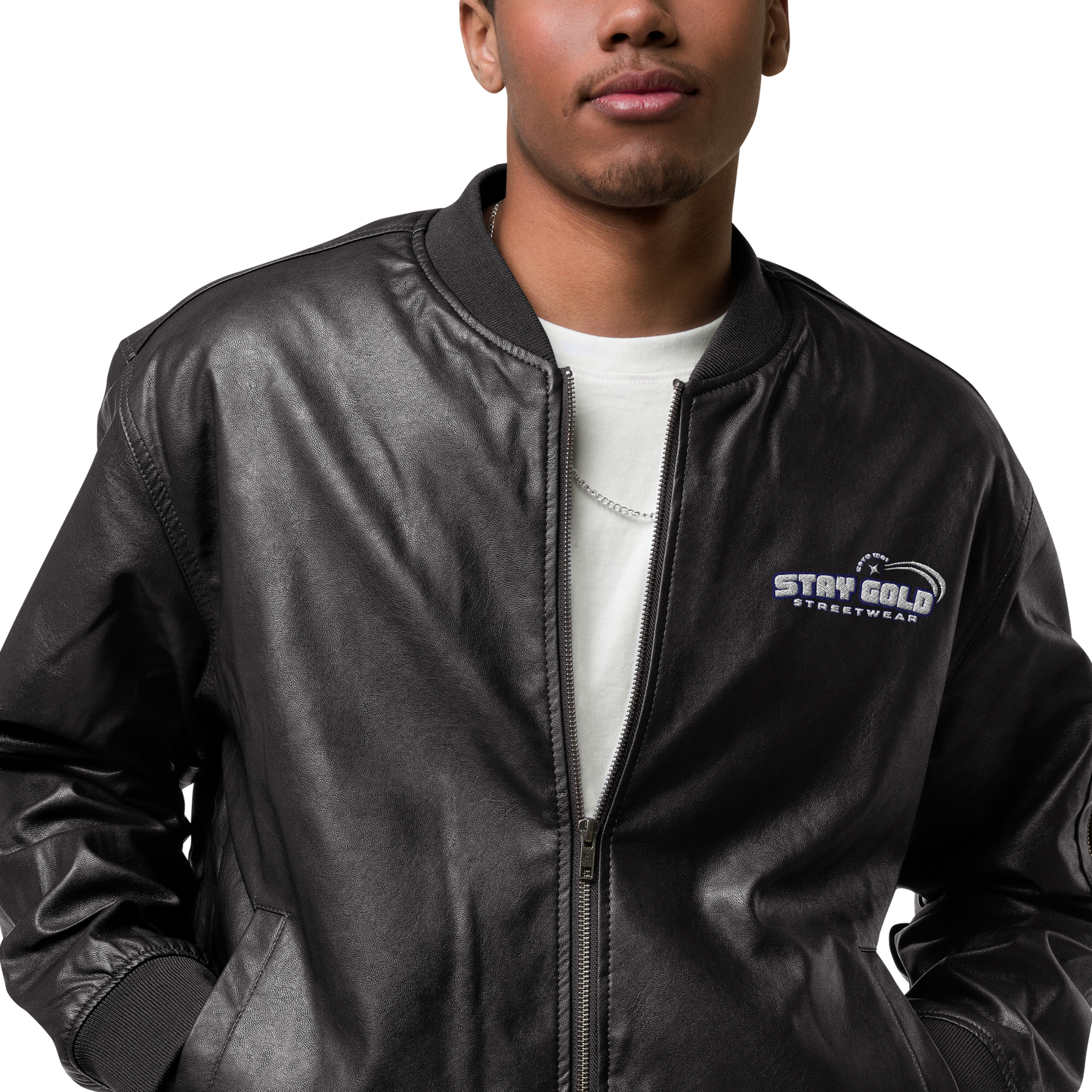 Stay Gold Leather Bomber Jacket